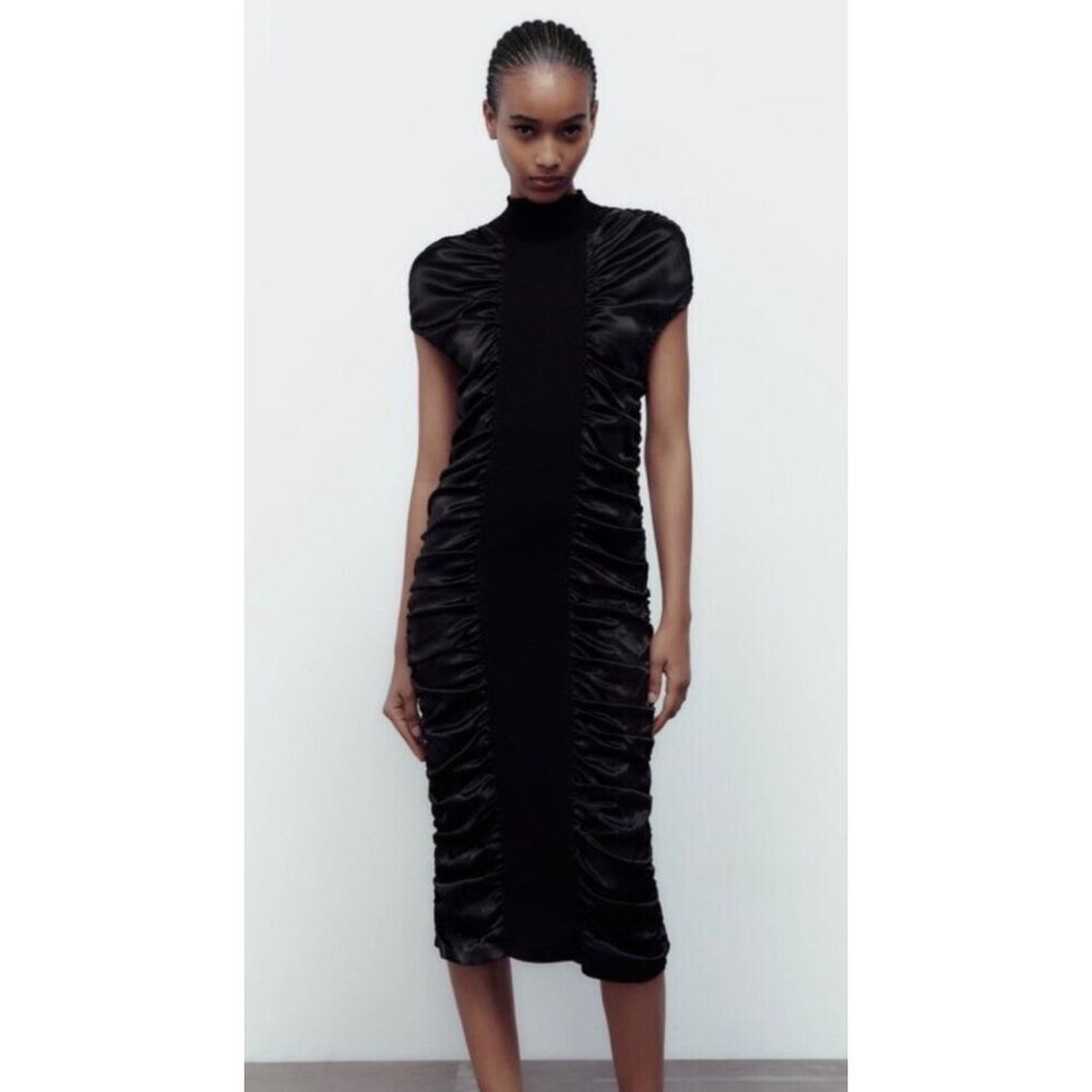 ZARA Womens Ruched Feminine Black Midi Dress Sz S High Neck & Cap Sleeves Whimsy